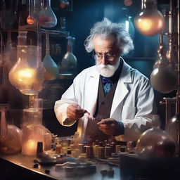 A mad scientist intensely engrossed in his experimentation inside a dimly lit chaotic lab, surrounded by eccentric inventions and bubbling concoctions.