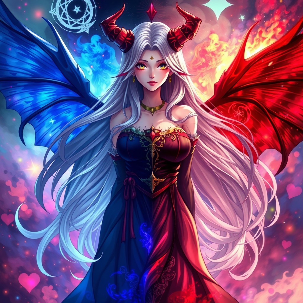A beautiful character, embodying both good and evil qualities, with long, flowing hair, illustrated in a captivating digital art style
