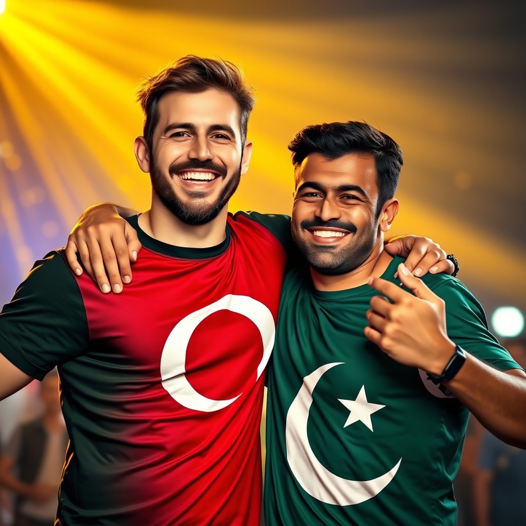A brown-haired man wearing a Turkish flag T-shirt and a dark-haired man wearing a Pakistani flag T-shirt stand together in a powerful embrace, their faces radiating joy and hope as they celebrate a moment of victory