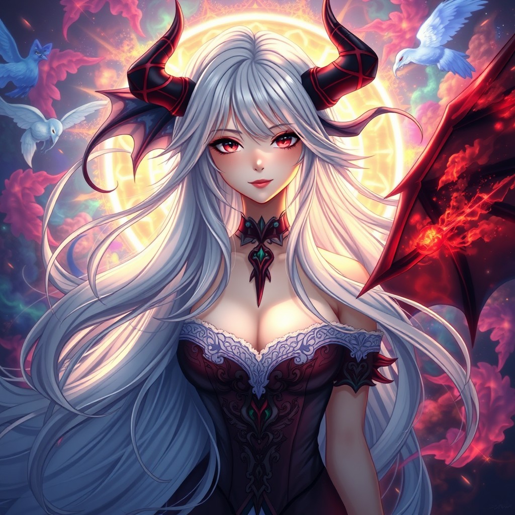 A stunningly beautiful character that embodies both good and evil qualities, featuring long, flowing hair, illustrated in a hyper-realistic art style