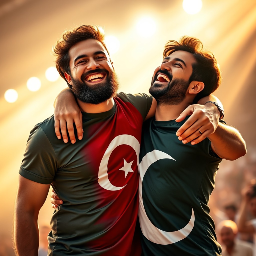 A brown haired man wearing a Turkish flag T-shirt and a dark-haired man wearing a Pakistani flag T-shirt stand in a powerful embrace, their faces filled with joy and hope as they celebrate a moment of victory