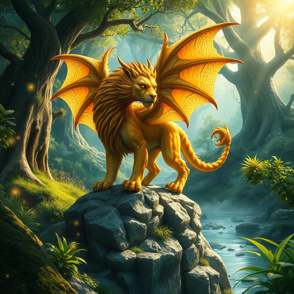 A fantastical depiction of a Manticore, a creature with the body of a lion, the wings of a dragon, and the tail of a scorpion, set in a mystical forest