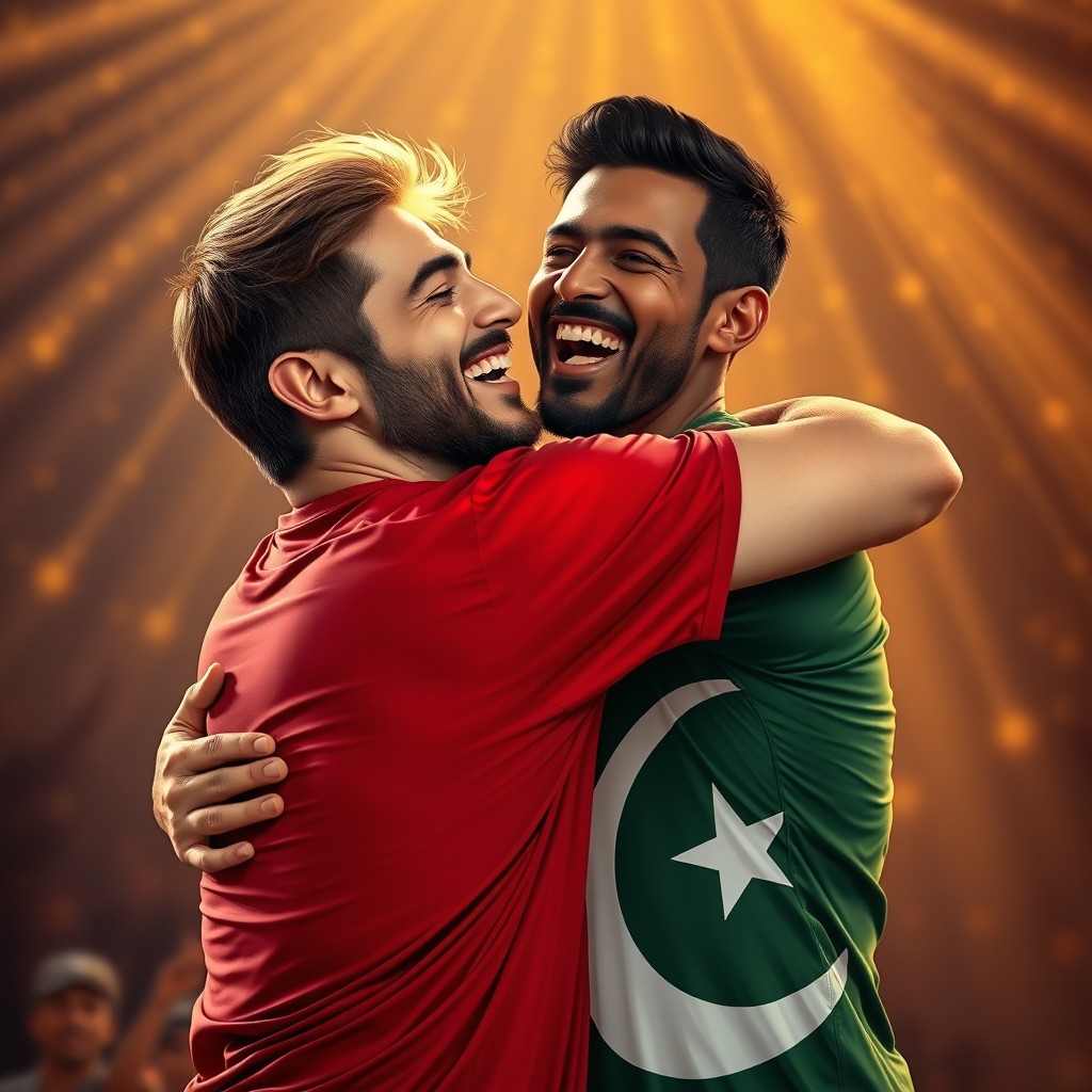 A scene depicting a brown-haired man wearing a Turkish flag T-shirt embracing a dark-haired man wearing a Pakistani flag T-shirt