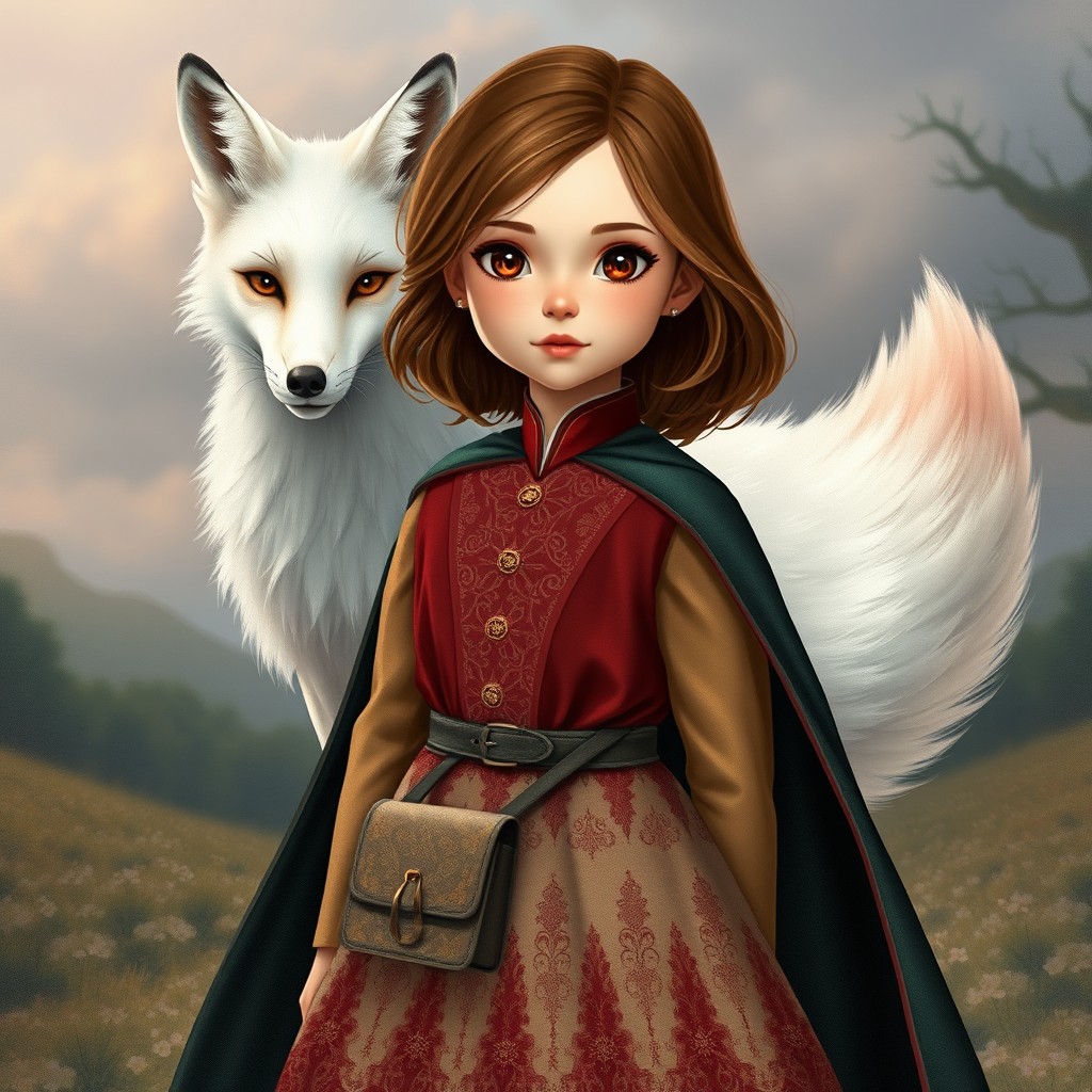 In a captivating spellbinding style, a young girl with enchanting brown shoulder-length hair and deep brown eyes stands gracefully