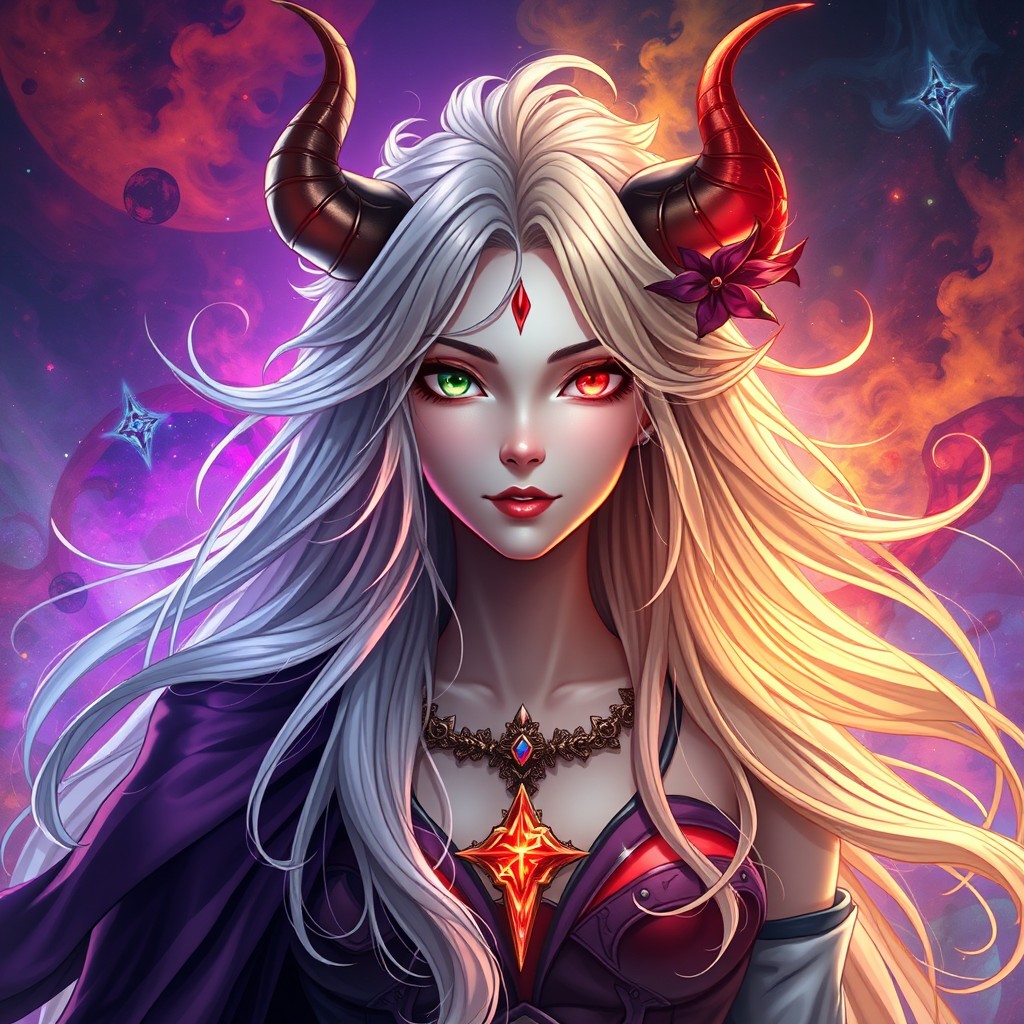 A stunning character that is half good and half evil, featuring long, flowing hair, illustrated in a hyper-realistic art style
