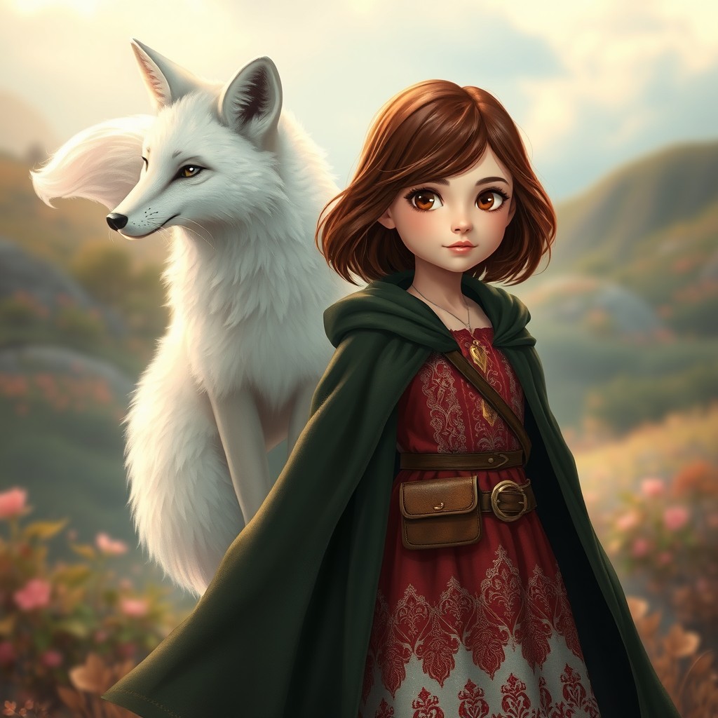In a spellbinding style, a young girl with lovely brown shoulder-length hair and captivating brown eyes stands enchantingly