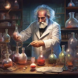 A mad scientist intensely engrossed in his experimentation inside a dimly lit chaotic lab, surrounded by eccentric inventions and bubbling concoctions.