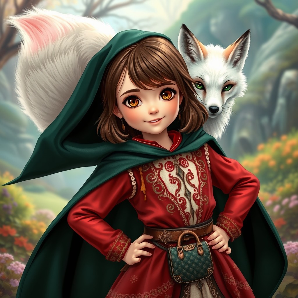 In a spellbinding style, a young girl with enchanting brown shoulder-length hair and expressive brown eyes stands joyfully