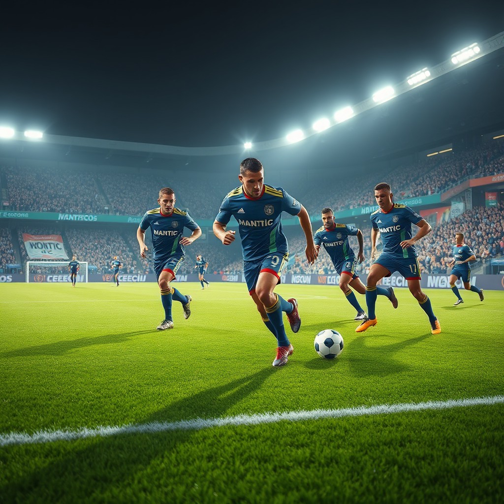 A realistic depiction of a futuristic football club scene, showcasing Mantic FC in action on the field