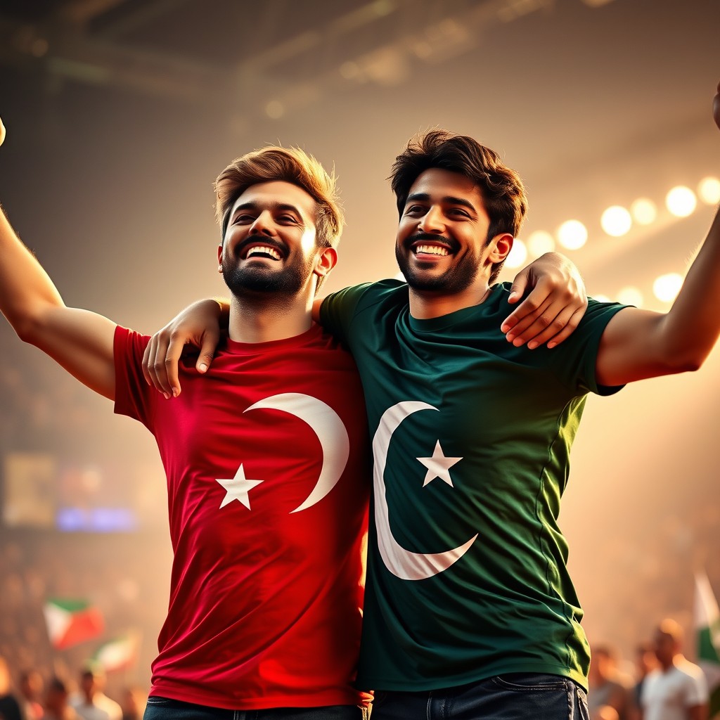 A brown-haired man wearing a Turkish flag T-shirt and a dark-haired man wearing a Pakistani flag T-shirt stand together in a powerful embrace, their faces radiating joy and hope as they celebrate a moment of victory