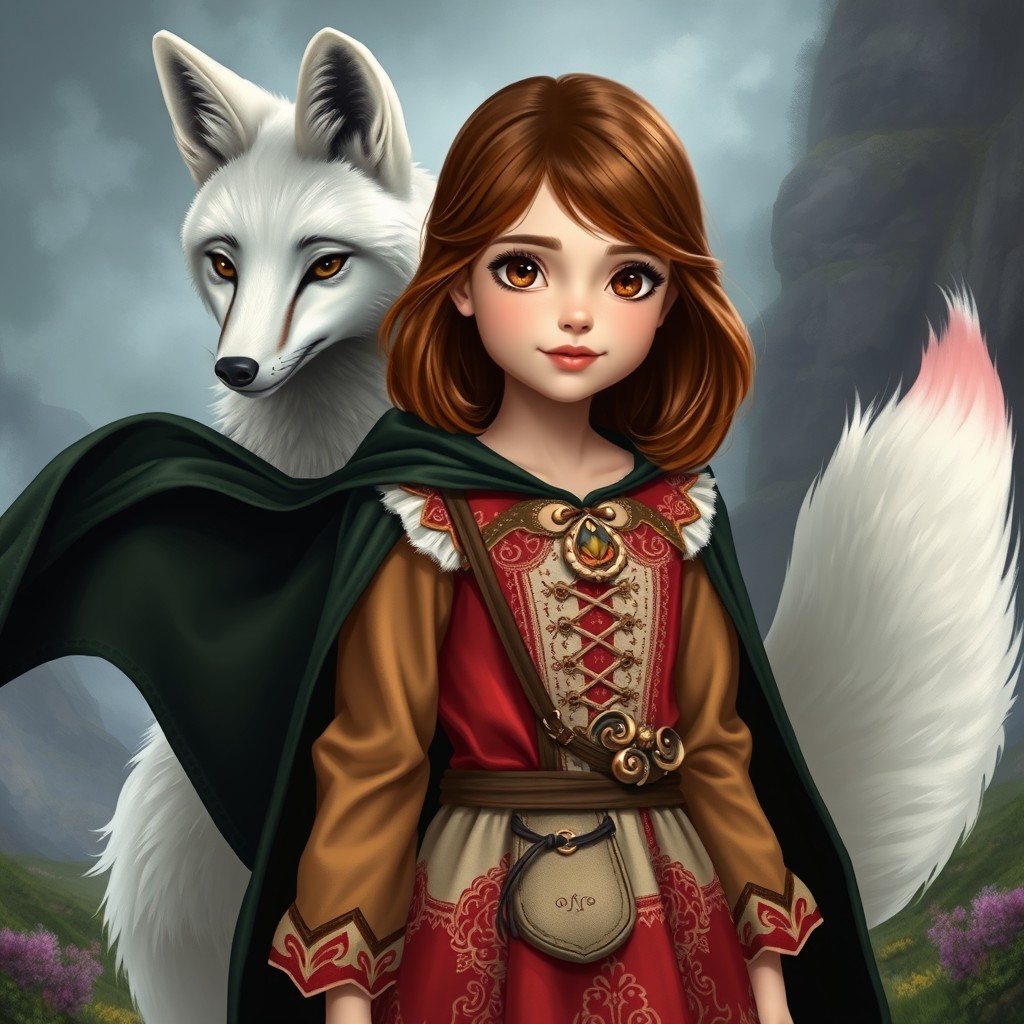In a spellbinding style, a young girl with lovely brown shoulder-length hair and warm brown eyes stands delightfully