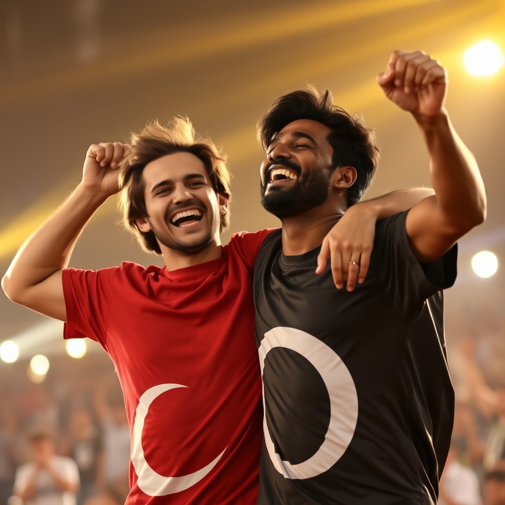 A brown-haired man in a Turkish flag T-shirt and a dark-haired man in a Pakistani flag T-shirt stand in a powerful embrace, their faces radiating joy and hope, celebrating a moment of victory