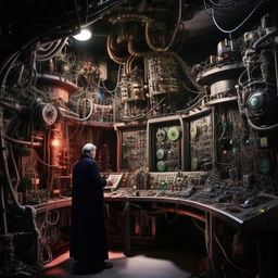 An evil genius in his intricate lair, filled with all manner of obscure contraptions and dominated by a large control panel casting ominous shadows.