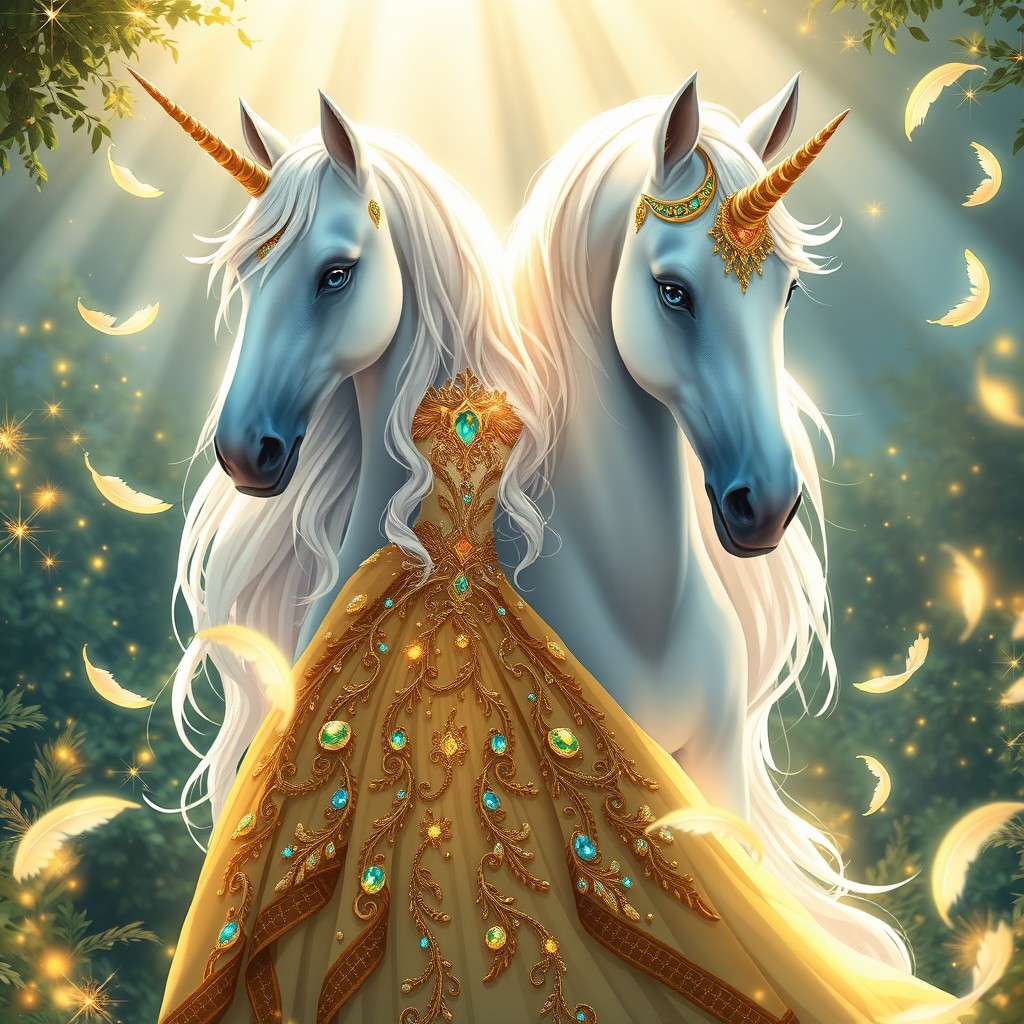 A celestial princess with long platinum-blonde hair and glowing blue eyes, wearing a luxurious golden fantasy gown intricately adorned with emerald and turquoise gems