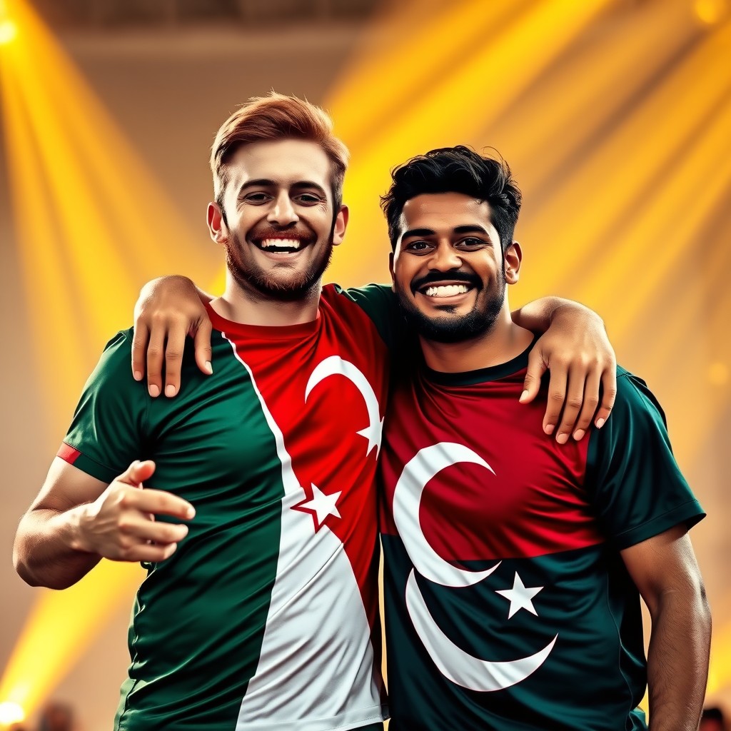 A brown-haired man wearing a Turkish flag T-shirt and a dark-haired man wearing a Pakistani flag T-shirt stand together in a strong embrace, their faces radiating joy and hope