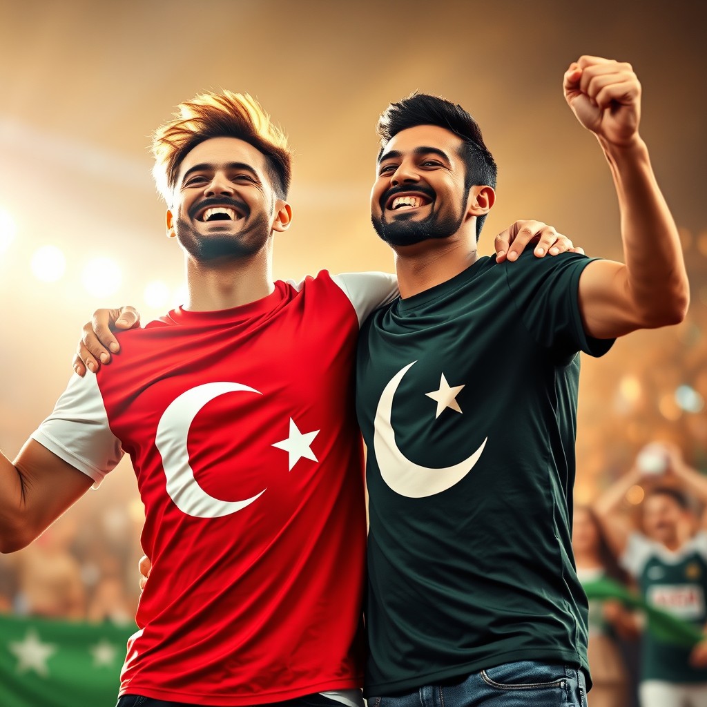 A brown-haired man wearing a Turkish flag T-shirt and a dark-haired man wearing a Pakistani flag T-shirt stand in a powerful embrace, their faces radiating joy and hope, celebrating a moment of victory