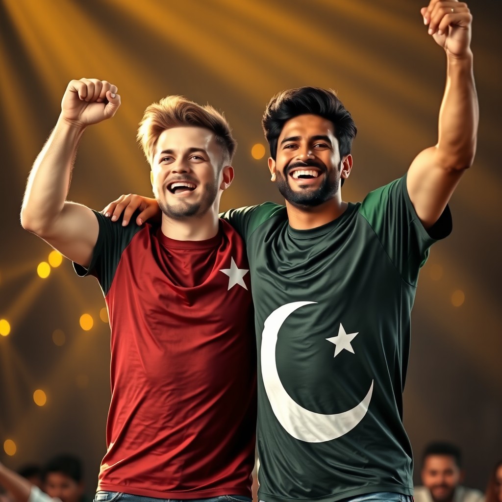 A brown-haired man wearing a Turkish flag T-shirt and a dark-haired man in a Pakistani flag T-shirt stand in a powerful embrace, their faces radiating joy and hope as they celebrate a moment of victory