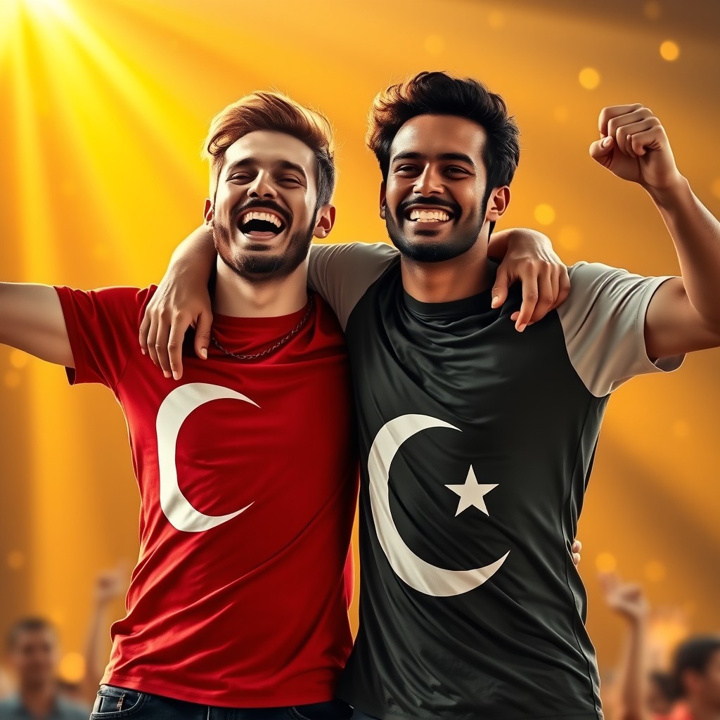 A brown-haired man wearing a Turkish flag T-shirt and a dark-haired man in a Pakistani flag T-shirt stand in a joyful and powerful embrace, showcasing their happiness and hope
