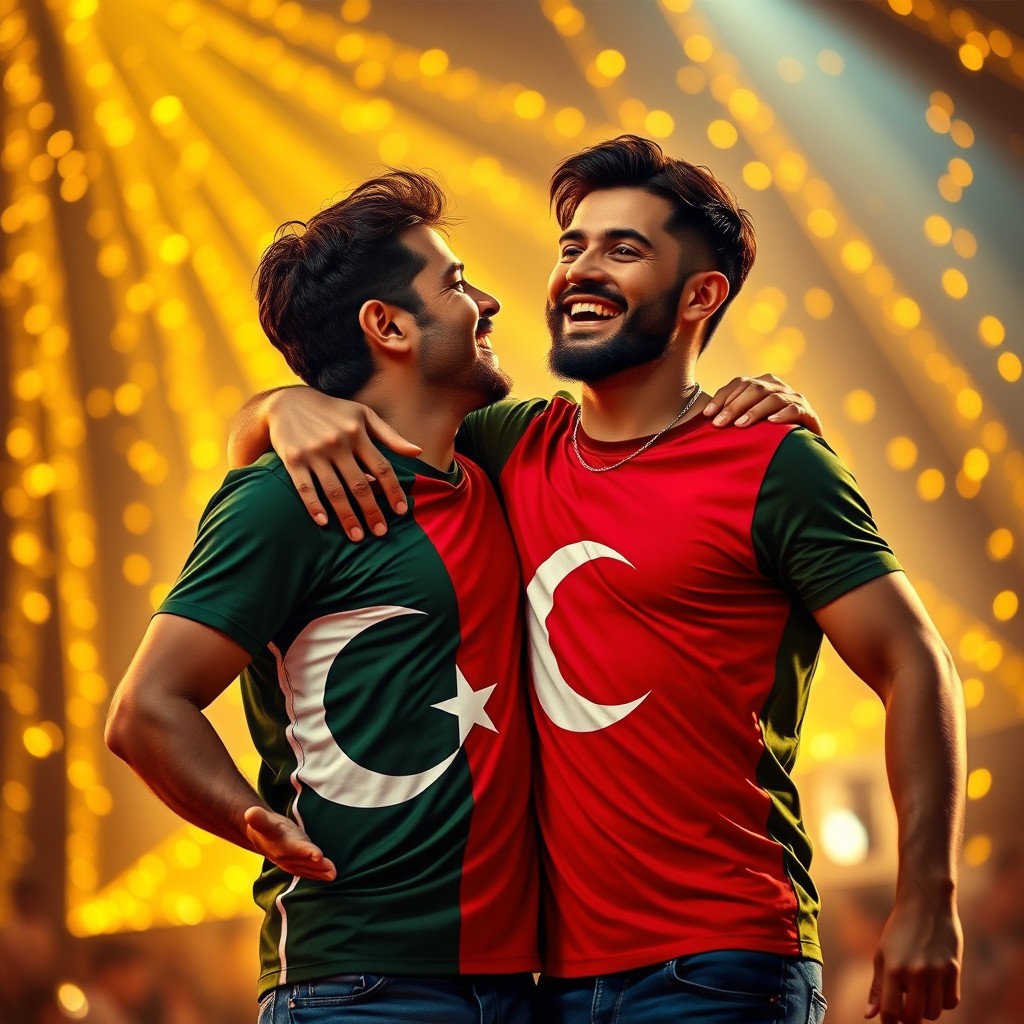 A brown-haired man in a Turkish flag T-shirt standing alongside a dark-haired man wearing a Pakistani flag T-shirt