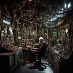 An evil genius in his intricate lair, filled with all manner of obscure contraptions and dominated by a large control panel casting ominous shadows.