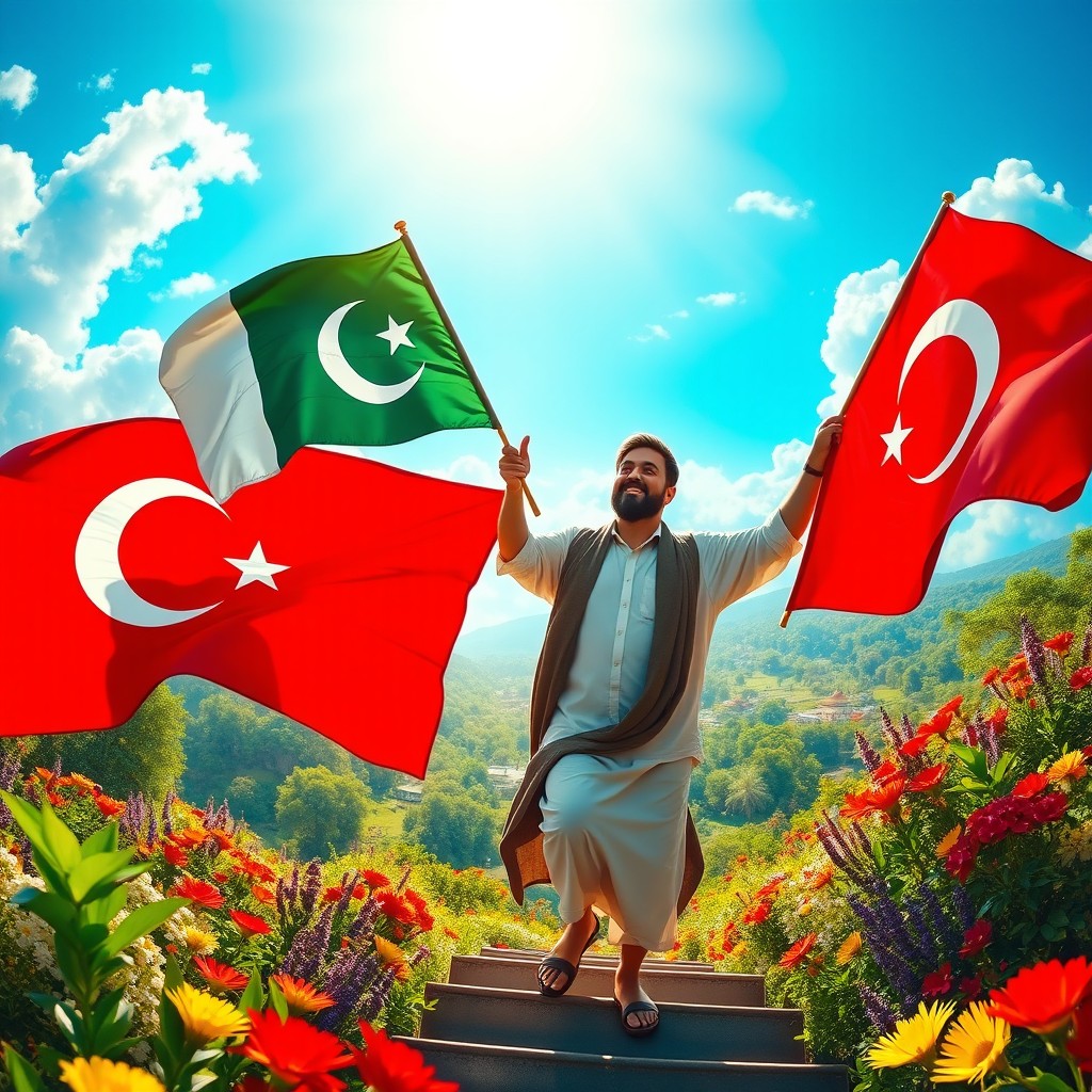 A vibrant and ethereal scene depicting a man holding a Pakistani flag and another man holding a Turkish flag, both stepping into a breathtaking paradise called Jannah