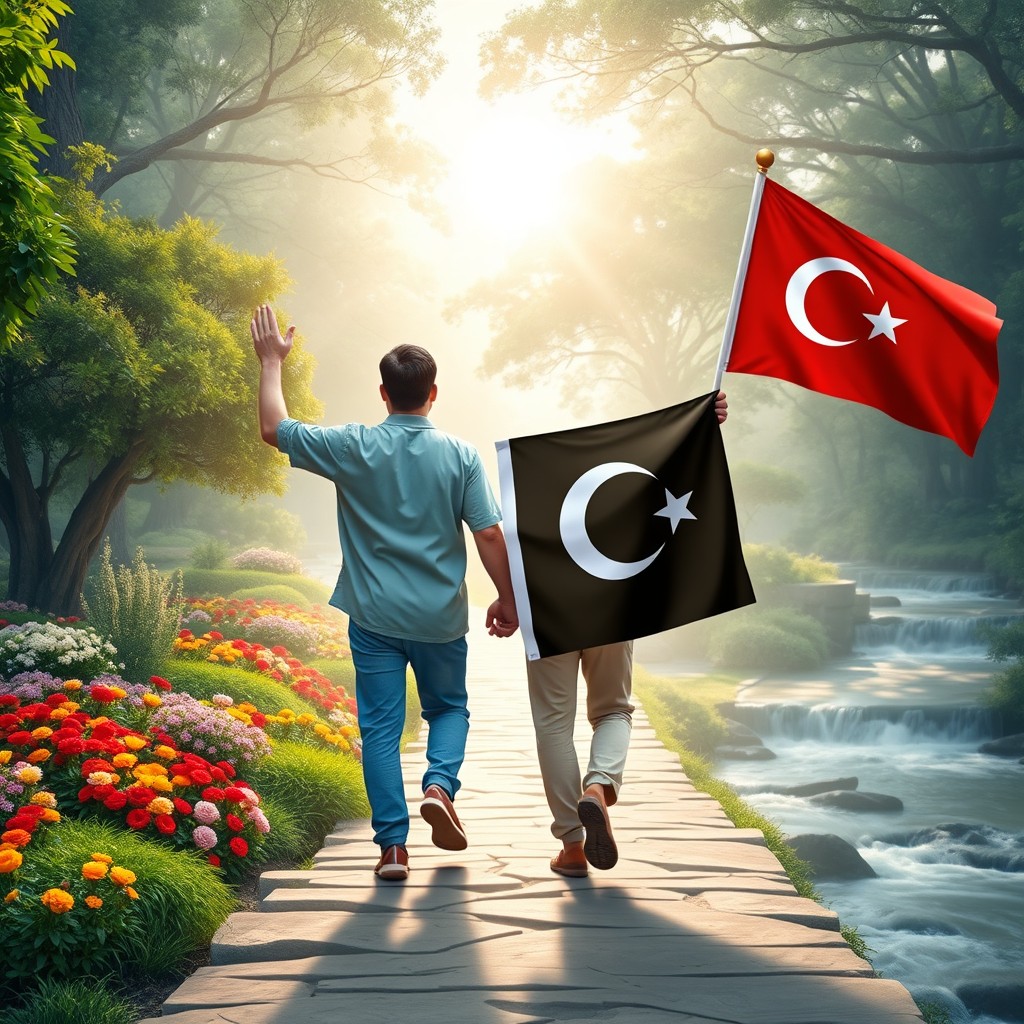 A man holding a Pakistani flag and another man holding a Turkish flag walking together into a serene and beautiful paradise, known as jannah