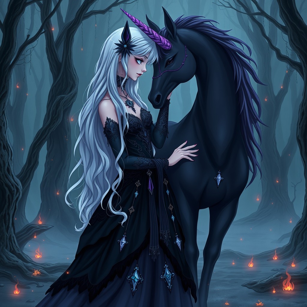 A dark fantasy princess with long silver-white hair and glowing icy blue eyes, wearing a stunning black and deep violet enchanted gown adorned with dark crystals and moonstone jewelry
