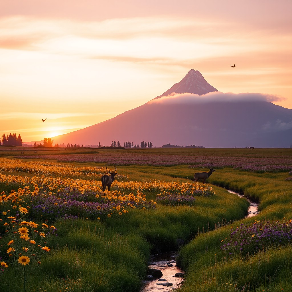 A serene and picturesque landscape during the golden hour, showcasing a sprawling field of vibrant wildflowers in full bloom, ranging from yellow to purple under a soft pink and orange sky