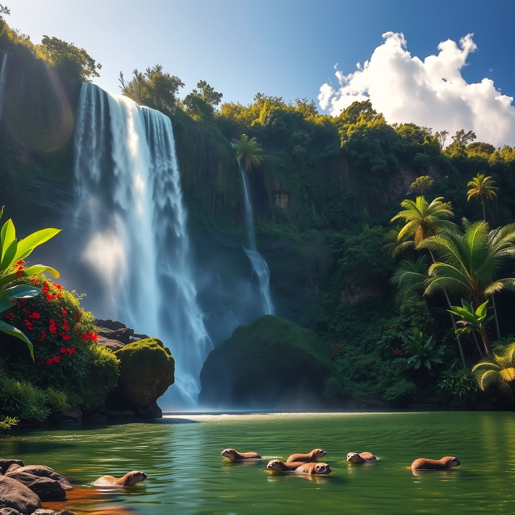 A majestic waterfall cascading down a lush green cliff, surrounded by vibrant tropical flowers