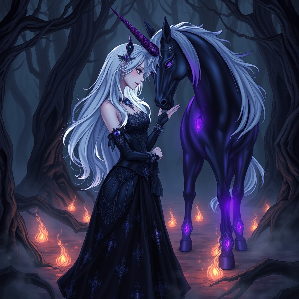 A dark fantasy princess with long silver-white hair and glowing icy blue eyes, elegantly dressed in a black and deep violet enchanted gown adorned with intricate dark crystals and shimmering moonstone jewelry