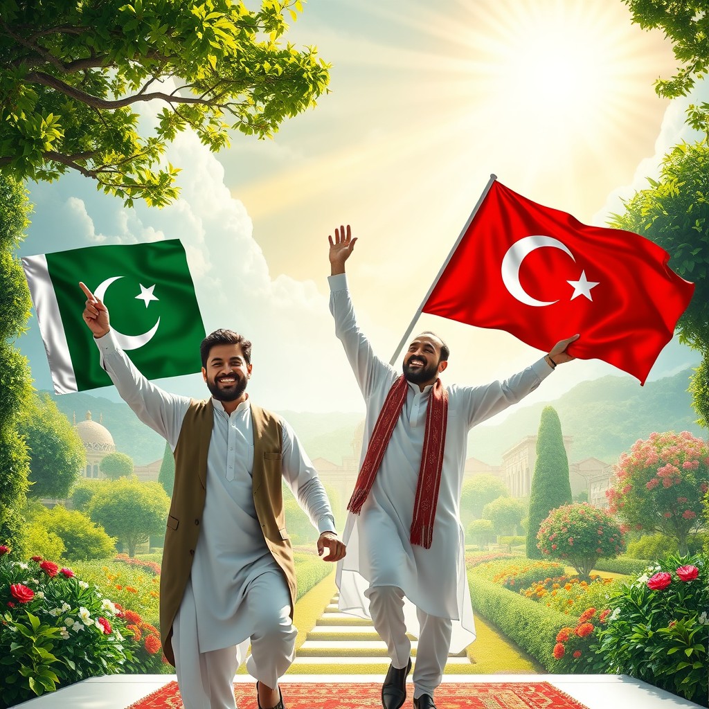 A scene depicting two men joyfully entering a beautiful depiction of Jannah (heaven), showcasing vibrant gardens, lush greenery, and radiant light