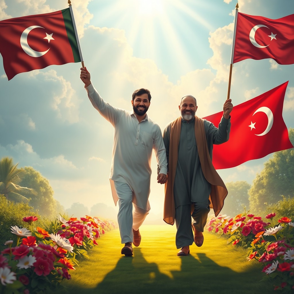 A serene and beautiful depiction of two men entering Jannah, the Islamic paradise