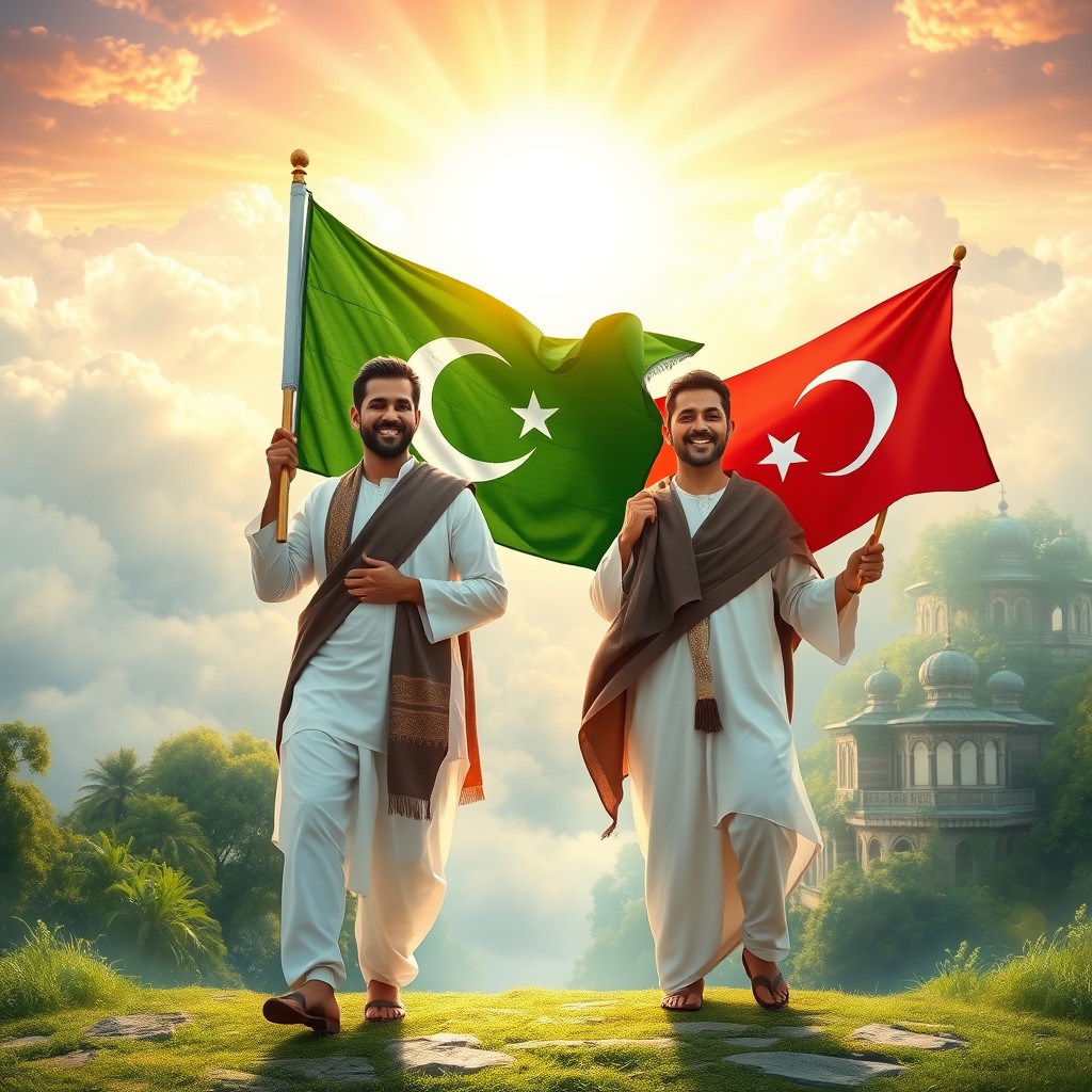 A serene and beautiful scene depicting two men entering Jannah (paradise), with lush greenery and radiant lights surrounding them