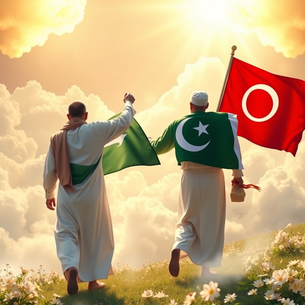 A stunning scene depicting two men entering jannah, the heavenly paradise in Islamic belief