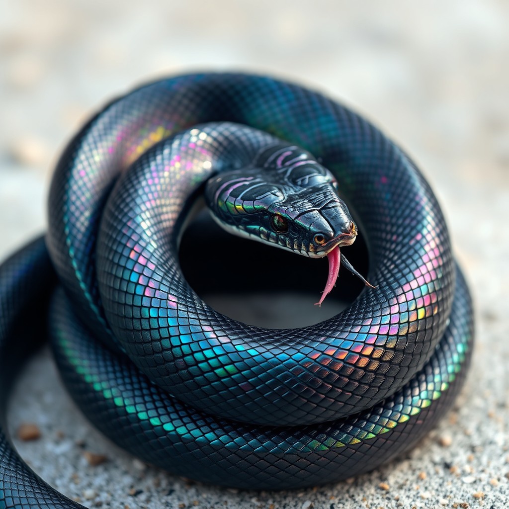 A striking black snake coiled in a circle, its scales shimmering with a mesmerizing iridescent rainbow metallic sheen reflecting light beautifully