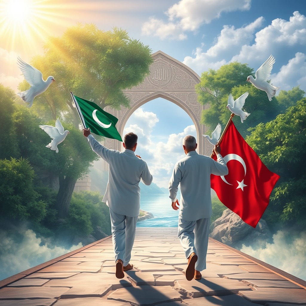 A serene and ethereal depiction of two men entering Jannah, a paradise of lush greenery and radiant light