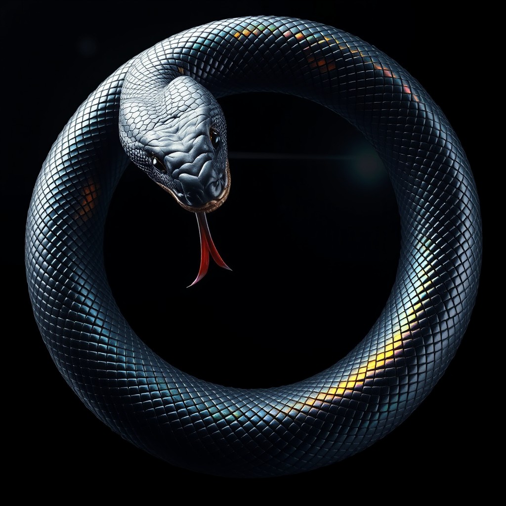 A coiled black serpent with shimmering iridescent metallic scales that reflect a spectrum of rainbow colors, its body elegantly forming a perfect circle