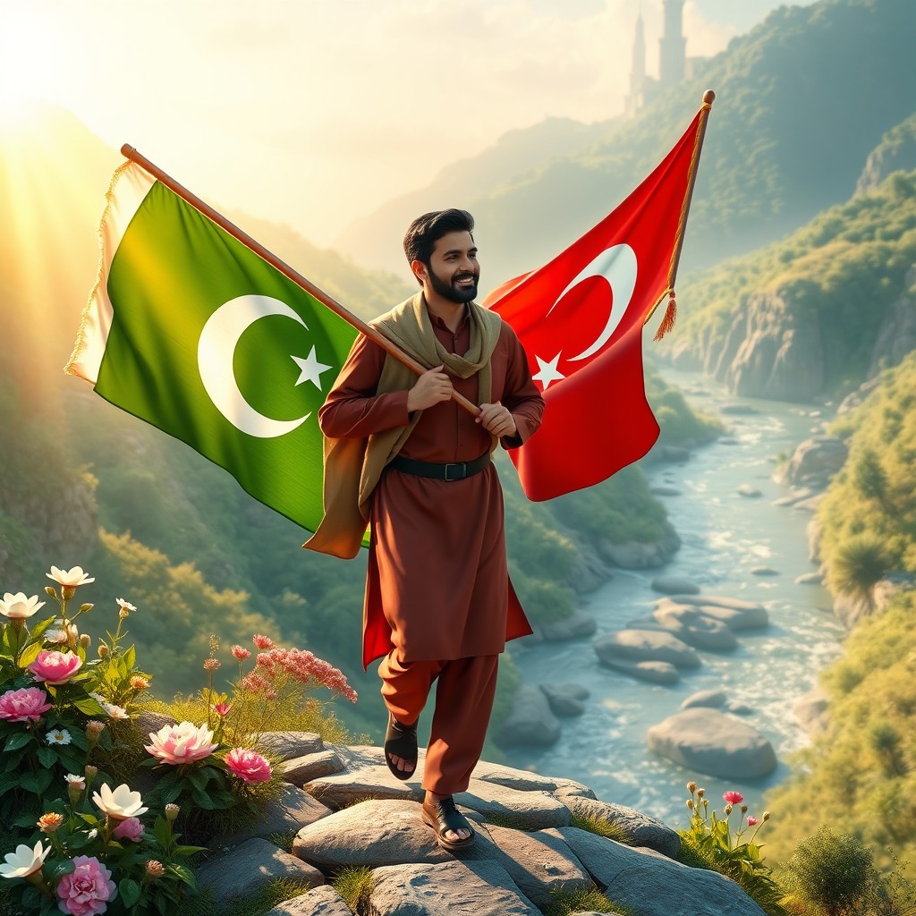 A serene and ethereal scene depicting two men entering a beautiful paradise, known as Jannah