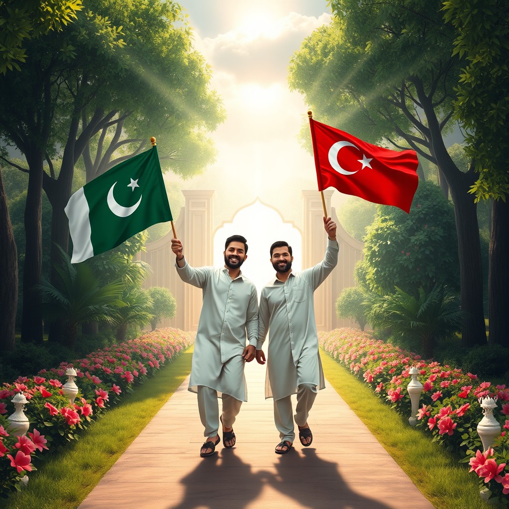 A vibrant scene depicting two men, one holding a Pakistani flag and the other holding a Turkish flag, joyfully entering a serene and ethereal paradise (Jannah)