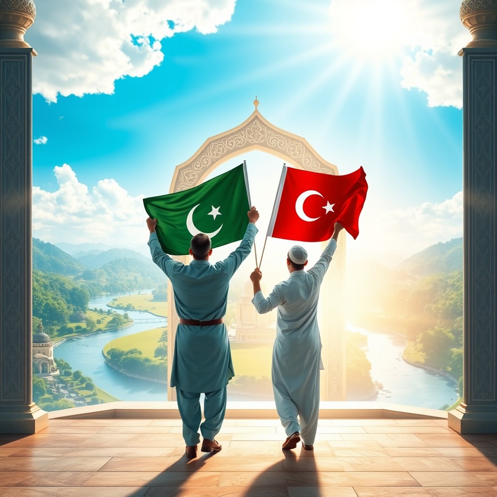 A picturesque scene depicting a man holding a Pakistani flag and another man holding a Turkish flag, both entering a serene and beautiful heavenly landscape known as Jannah