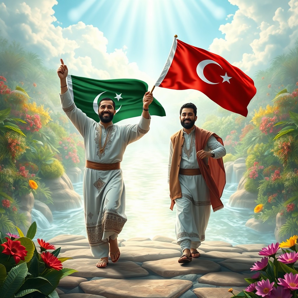 A captivating scene depicting two men entering Jannah, the Islamic paradise