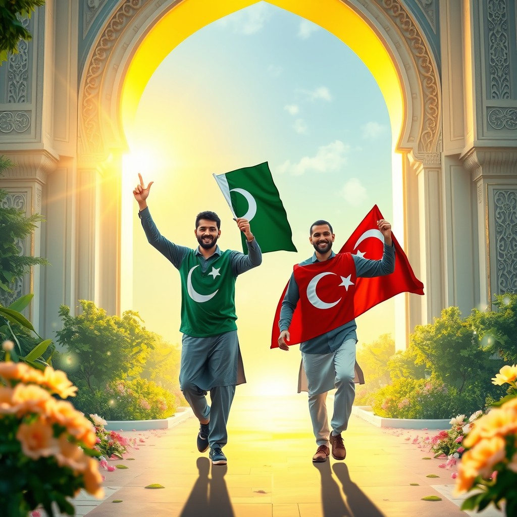 A visually stunning scene depicting two men, one holding a vibrant Pakistani flag and the other carrying a striking Turkish flag, entering a magnificent gateway to Jannah (paradise)