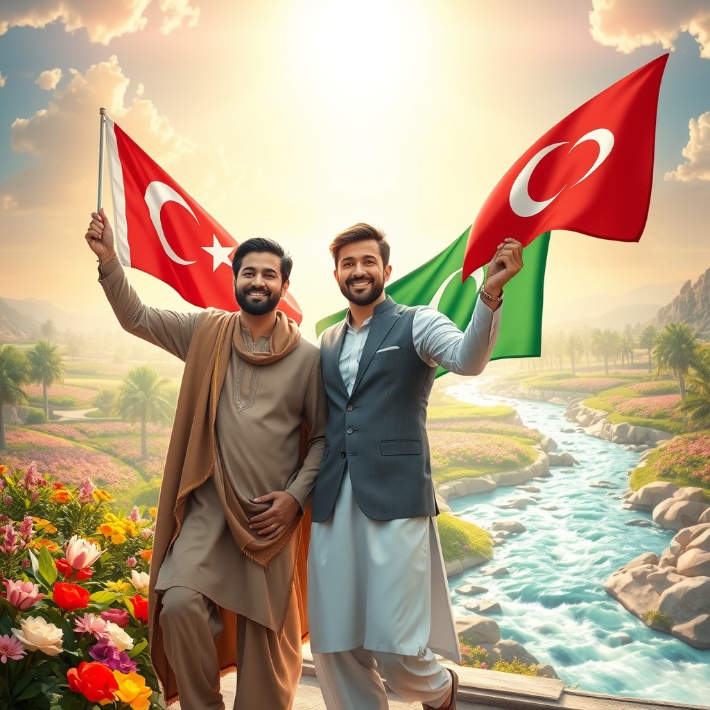 A scene depicting a man proudly holding a Pakistani flag and another man carrying a Turkish flag, as they enter a beautiful, radiant paradise known as Jannah