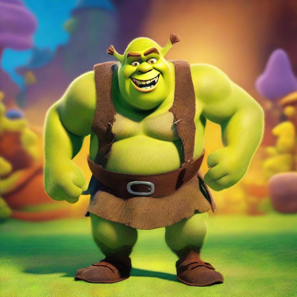 Shrek, the heroic green ogre, charging forward with a determined expression on his face against a vibrant background