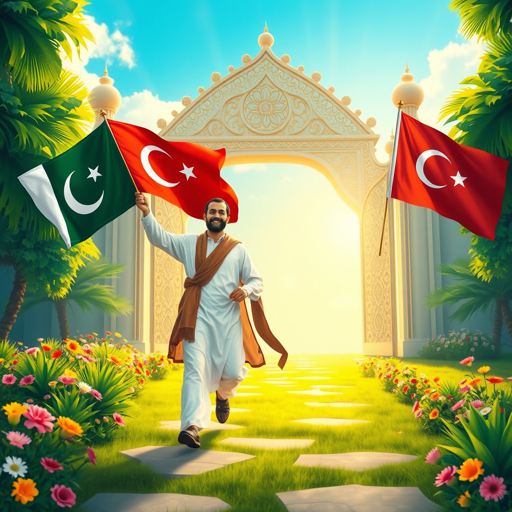 A beautiful, serene depiction of two men entering Jannah (paradise), with one man holding a Pakistani flag and the other holding a Turkish flag