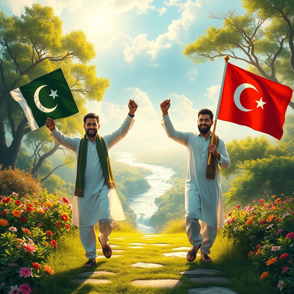 A serene and peaceful scene depicting two men, one proudly holding a Pakistani flag and the other holding a Turkish flag, as they enter a beautiful and ethereal paradise known as Jannah