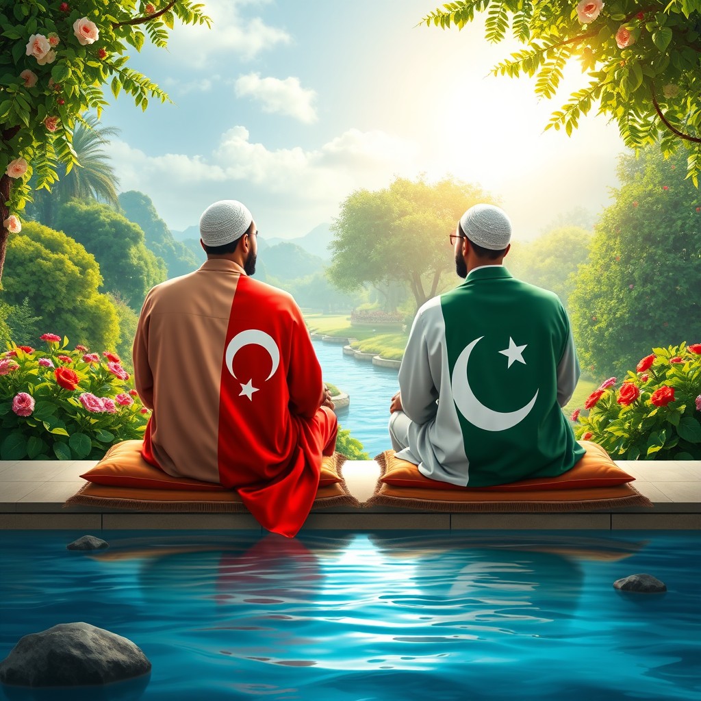 A serene and beautiful depiction of two Muslim men sitting opposite each other in a lush paradise, known as Jannah, featuring lush green gardens and vibrant flowers