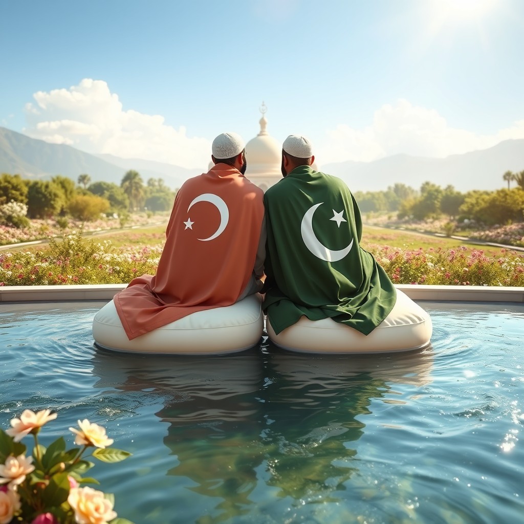 A serene and beautiful scene in Jannah, featuring two Muslim men sitting opposite each other