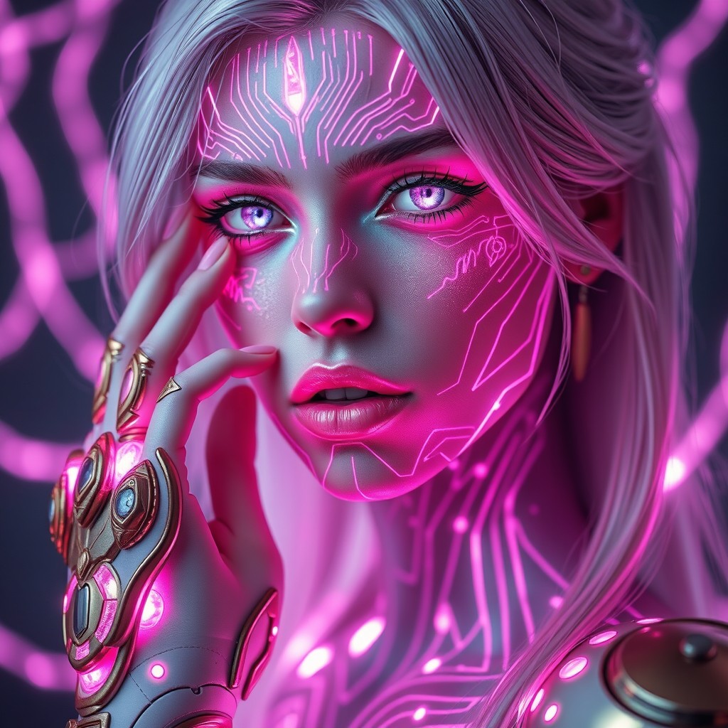 A beautiful futuristic fantasy woman with glowing violet eyes and full pink lips, her face and skin intricately covered in luminous pink magical circuits and markings