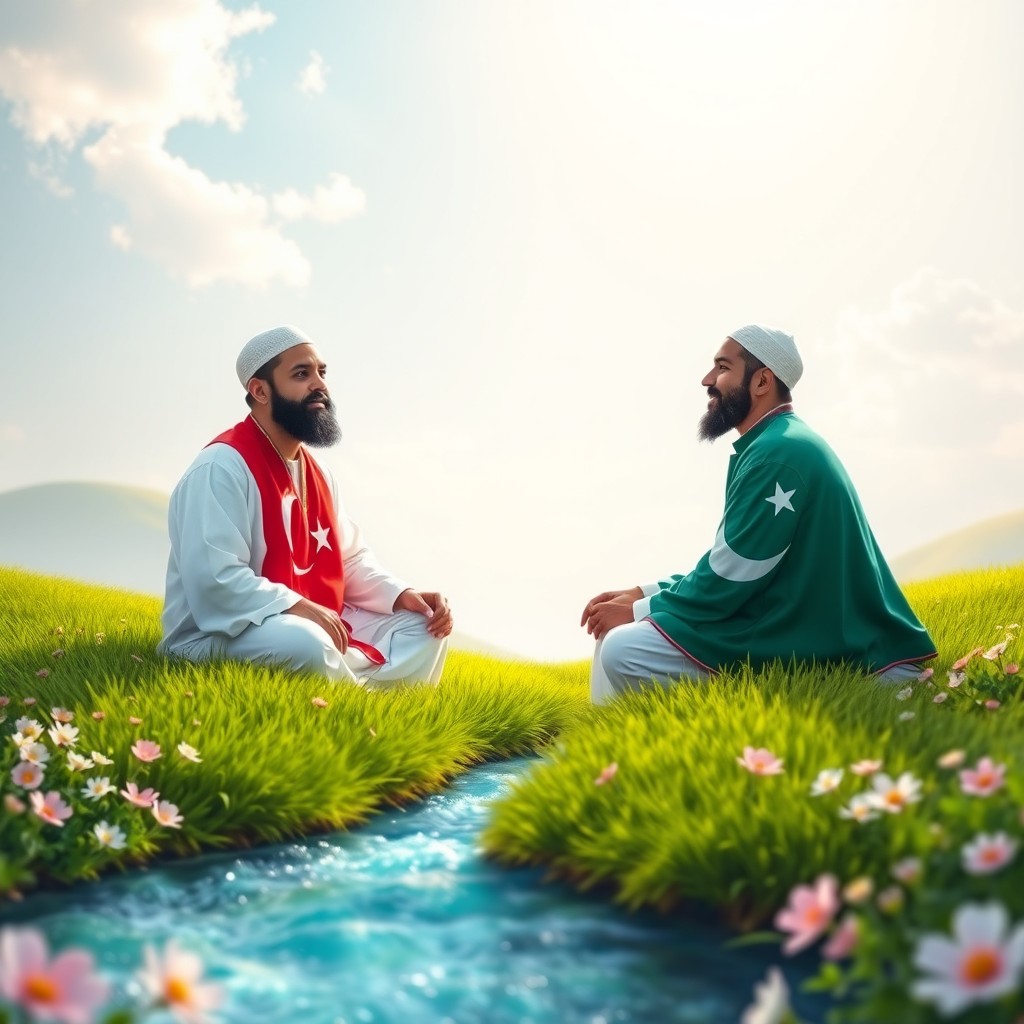 A serene scene in Jannah featuring two Muslim men sitting opposite each other, one wearing a robe adorned with the Turkish flag, and the other wearing a robe featuring the Pakistani flag